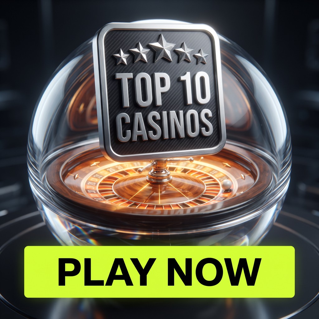 Glass sphere with a roulette wheel, Top 10 Casinos badge and Play Now button
